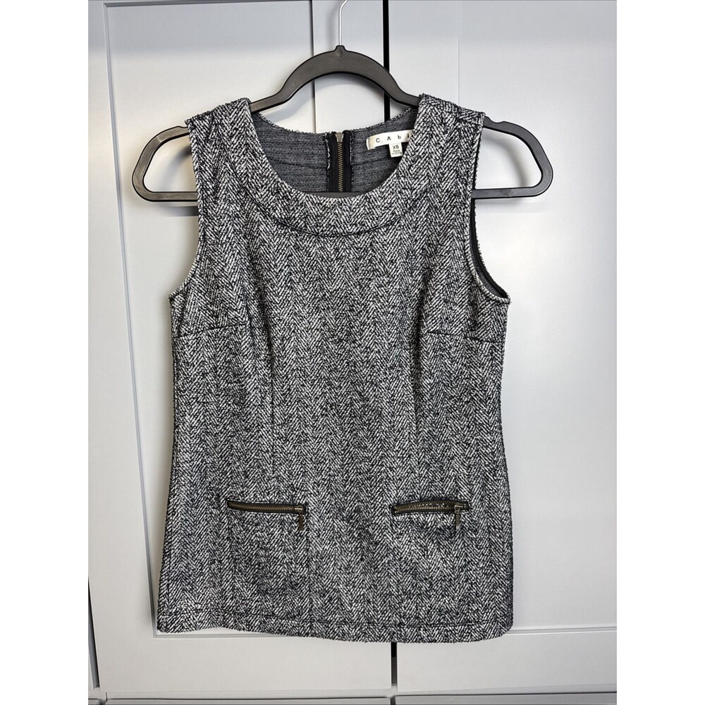CAbi CeCe Top Blouse‎  XS Shell Dark Gray Herringbone  Zip Pocket Retro Classic